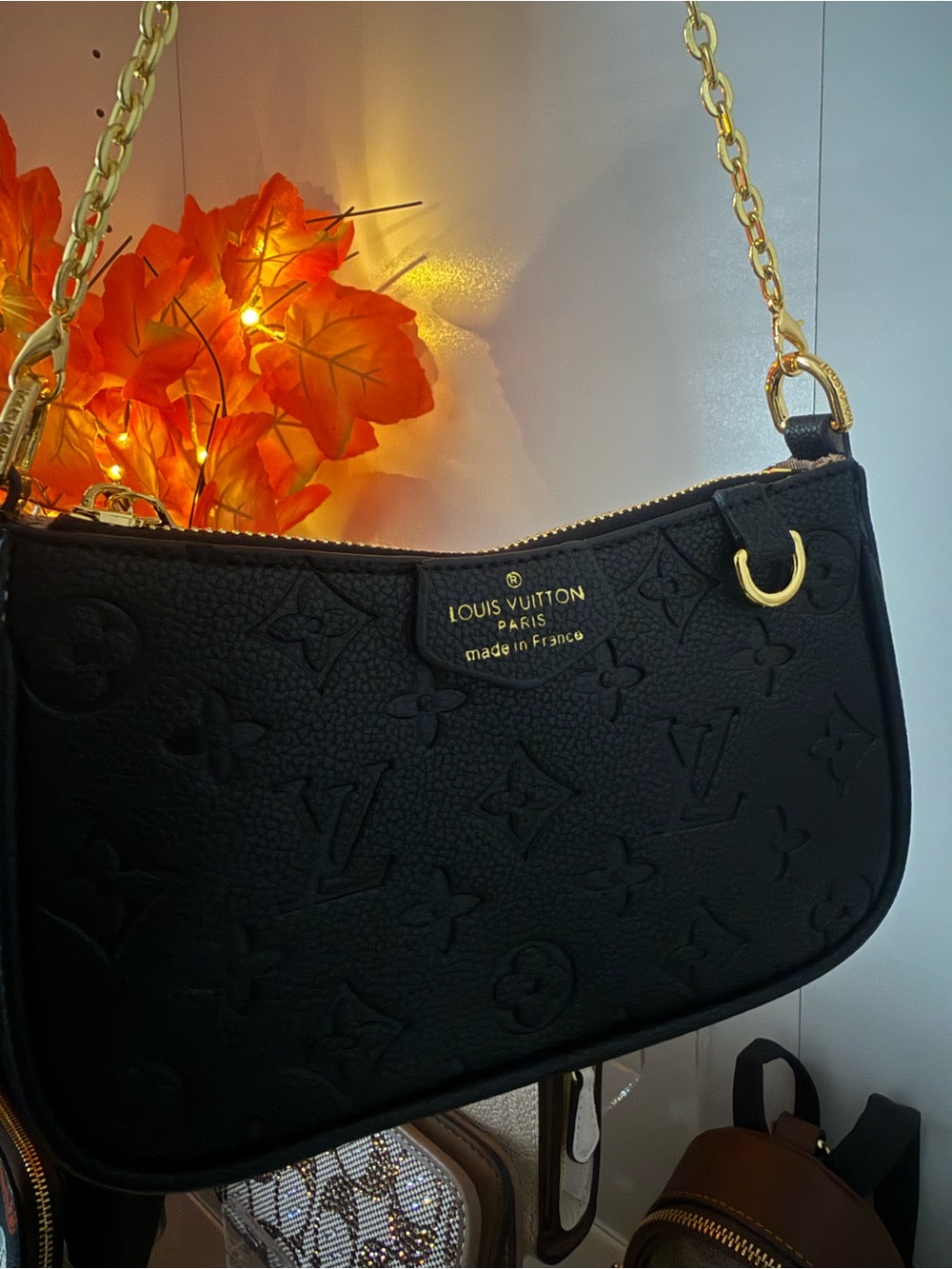 Louis Vuitton Black Embossed Monogram Shoulder Bag with Gold Chain